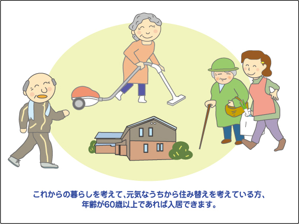 これからの暮らしを考えて、元気なうちから住み替えを考えている方、年齢が60歳以上であれば入居できます。